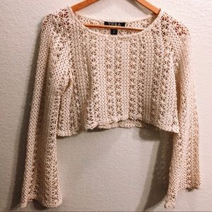 Off-White Mesh Crop Top with Bell Sleeves